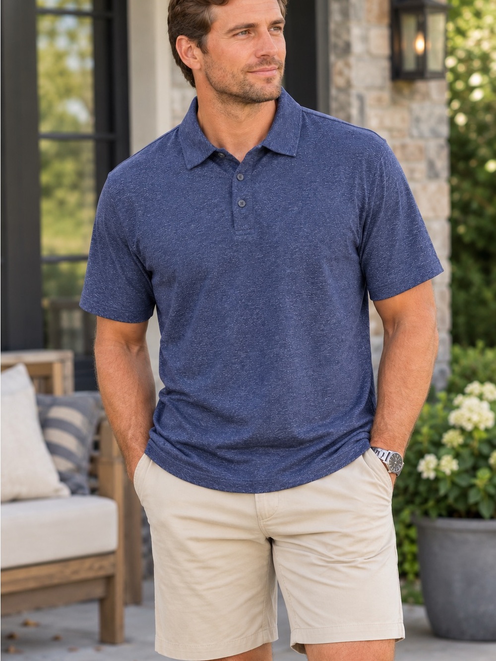 Eddie Bauer Men's Heathered Navy Short-Sleeve Polo